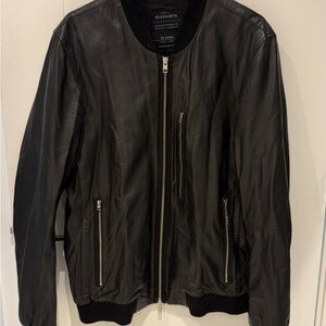 All Saints Black Leather Bomber Jacket with Silver Zippers